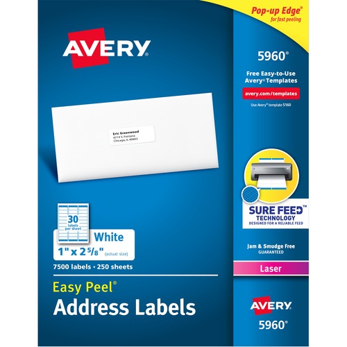Laser Labels, Mailing, 1"x2-5/8", 7500/BX, White
