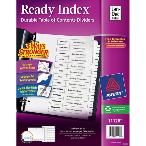 Table of Contents Dividers, Jan-Dec, 8-1/2"x 11, Black/White