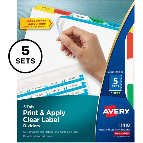 Index Maker, Laser/Inkjet, 5 Tab, 5-Set, 8-1/2"x11",Multi