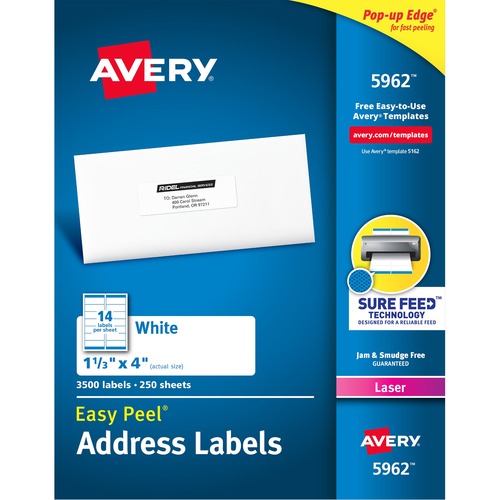 Laser Labels, Mailing, 1-1/3"x4", 3500/BX, White