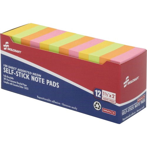 Self-Stick Note Pad,1-1/2"x2",Plain,100 Shts,12/PK, Ast Neon