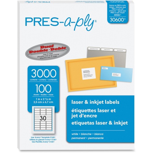 Laser Labels, Address, 1"x2-5/8", 3000/BX, White
