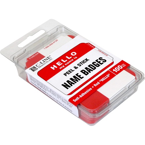 Hello My Name Is Badge, 3-1/2"x2-1/4", 100/BX, Red