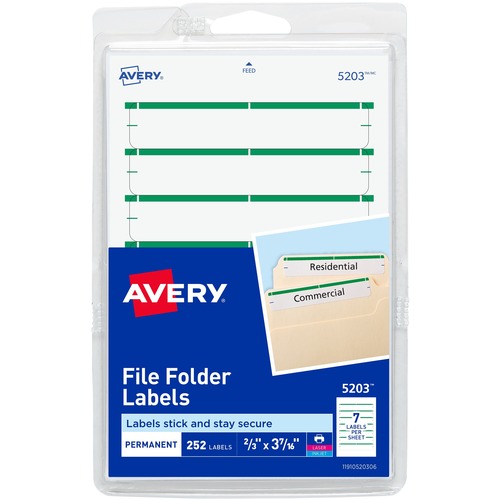 Permanent Filing Labels, 11/16"x3-7/16", 252/PK, Green