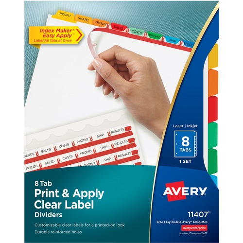 Index Maker, Laser/Inkjet, 8 Tab, 1 Set, 8-1/2"x11",Multi