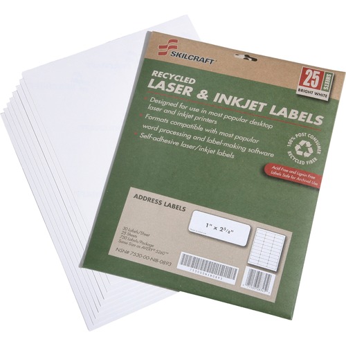 Address Labels,Recycled,Inkjet/Laser,1"x2-5/8",25 Sh/BX,WE