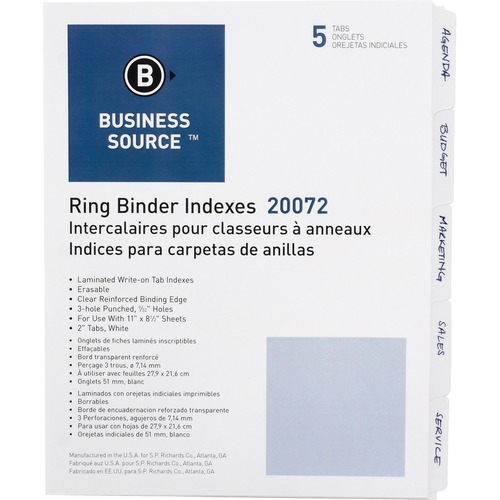 Erasable Tab Indexes, 3HP, 5-Tabs, 11"x8-1/2", 1/ST, White