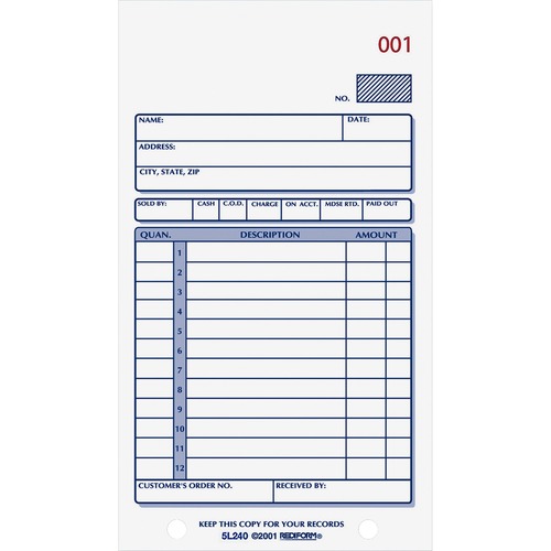 Sales Order Form, Carbonless, 2 Part, 3-5/8"x6-3/8", 50/BK