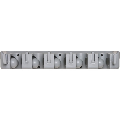 Wall Rack, Holds 5 Brooms/Tools,6-Hooks f/Hanging, Gray