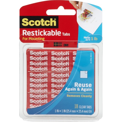 Reusable Tabs, Adhesive, 1"x1", 18 Squares/PK, Clear